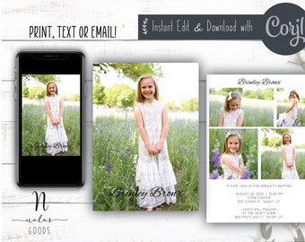 May include: A printable baptism invitation with a collage of photos of a young girl in a white dress. The invitation includes the girl's name, "Brinley Bronx", the date and time of the baptism, and the location. The invitation is designed with a white background and a simple, elegant font.