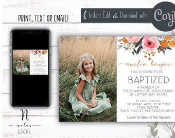 LDS Baptism Invitation Girl, LDS Baptism Invite Template, LDS Baptism Invitation Instant Download, Baptism Invitation with Photo