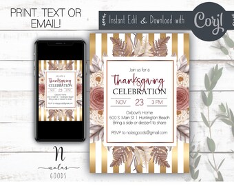May include: A printable Thanksgiving invitation with a gold and white striped background. The invitation features a floral design with blush pink and cream flowers. The text reads "Join us for a Thanksgiving Celebration, Nov 23, 3 PM, Oxbow's Home, 500 S Main St | Huntington Beach, Bring a side or dessert to share, RSVP to nolasgoods@gmail.com".