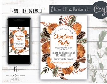 May include: Editable Christmas party invitation template with a watercolor design featuring dried orange slices, pine cones, and greenery. The text reads "Join us for our Annual Christmas Party, December 16, 2022, 6-8:30 pm, The Oak Tree Reception Center, 47 S. Main St., Sandy, Dinner will be served, RSVP nolegoulis@gmail.com".