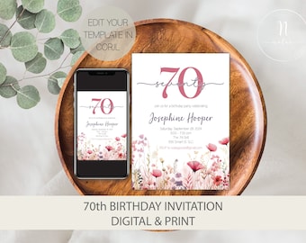 70th Birthday Invitation for Women, 70 Birthday Invitation Digital, 70th Birthday Party Invite, 70th Birthday Invite Template