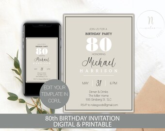 May include: A beige and black 80th birthday party invitation template with the text "Join us for a birthday party honouring Michael Harrison" and the date "May 31, 6 PM".