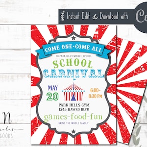 Faire-part pour le carnaval de l&#39;école, modèle de Flyer pour le carnaval, invitation au carnaval en téléchargement numérique, Flyer pour le carnaval modifiable, Flyer pour le carnaval de l&#39;école