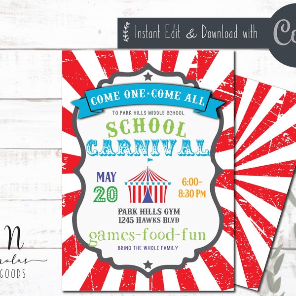 School Carnival Invitation, Carnival Flyer Template, Carnival Invite Digital Download, Carnival Flyer Editable, School Carnival Flyer