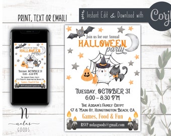 May include: Printable Halloween party invitation with a white background, featuring a ghost, a black cat, a pumpkin, and a spider web. The text reads "Join us for our Annual Halloween Party" and includes the date, time, and location of the event. RSVP information is also included.