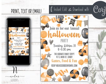 May include: Printable Halloween party invitation with a black and orange color scheme. The invitation features a watercolor design of candy, bats, and other Halloween-themed elements. The text on the invitation reads "Join us for our Annual Halloween Party" and includes the date, time, and location of the party. The invitation also includes the text "Games, Food & Fun" and an email address for RSVP.