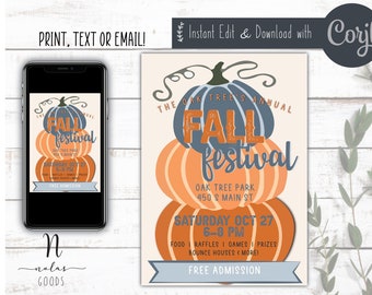 Invitación del festival de otoño imprimible, folleto del festival escolar para niños, descarga digital del folleto del festival de otoño, diseño de invitación a la fiesta de otoño