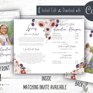 Puede incluir: Plantilla de programa de bautismo imprimible con diseño floral. El programa incluye secciones para el orden del servicio, letras de dos canciones y un espacio para fotos. El programa es editable y se puede descargar instantáneamente.