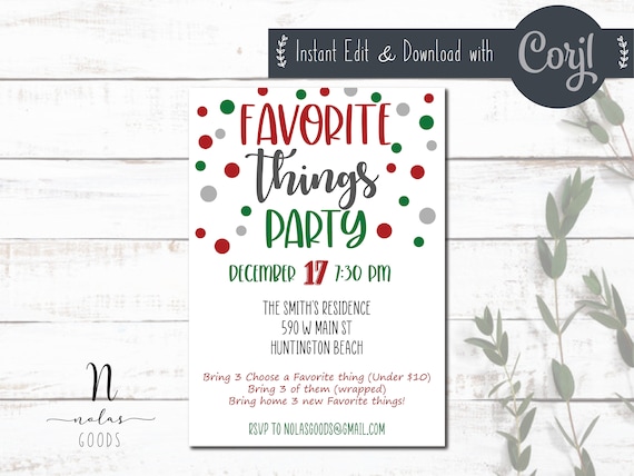 Paper &amp; Party Supplies Instant Download Printable Holiday Party Invitation Favorite Things Party ...