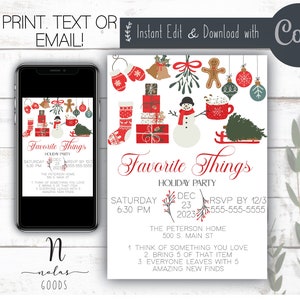 Invitación de cosas favoritas de Navidad, invitación digital de fiesta de cosas favoritas de vacaciones, invitación de fiesta de cosas favoritas, invitación de cosas favoritas