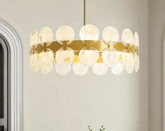 Modern Glass Disc Chandelier, Round Gold Brass Pendant Light, Swirl Glass Ceiling Fixture for Dining Room, Kitchen Island, Living Room