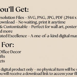 May include: Text on a beige background reads "What You'll Get:" followed by a list of features, including high-resolution files and instant download. Below, "Perfect For:" lists home decor, unique gifts, and DIY projects. The image promotes digital products.