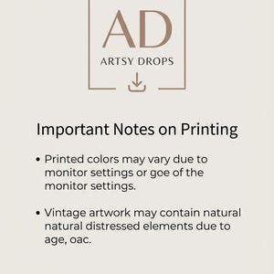 May include: A digital download advertisement with the text "DOWNLOAD & PRINT" at the top. The image features the "AD ARTSY DROPS" logo and important notes on printing, including color variations and vintage artwork details. The bottom text states "Personal Use" and download restrictions.