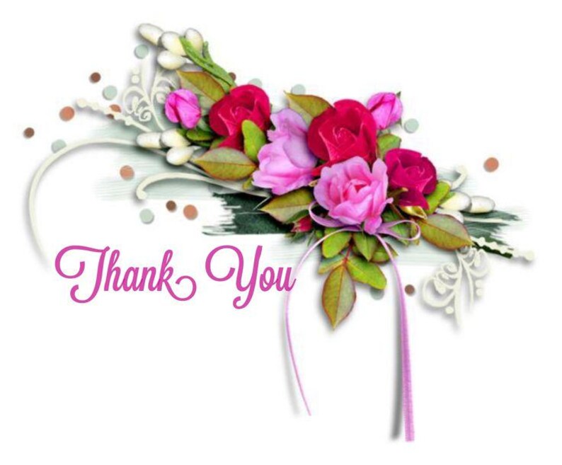 May include: A floral arrangement featuring pink and red roses, green leaves, and decorative accents. The words "Thank You" are written in a cursive font. The image has a white background and is suitable for greeting cards or digital art.