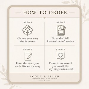May include: A beige graphic with the text "HOW TO ORDER" and four steps for ordering a mug. Step 1: Choose mug size & color. Step 2: Go to the "Add Personalization" section. Step 3: Enter the name. Step 4: Ask for customization. The logo for Scout & Brush is at the bottom.