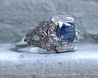 Sapphire Floral Diamond Ring Engagement Ring Wedding Ring in 14K White Gold.