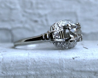 Vintage Floral 14K White Gold Diamond Engagement Ring - 0.71ct.