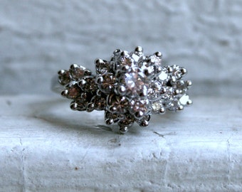 Retro Vintage 18K White Gold Diamond Cluster Engagement Ring - 1.37ct.