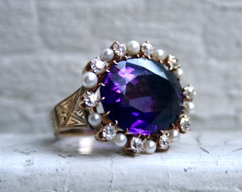 Outstanding Antique 14K Yellow Gold Amethyst Ring with Diamond and Pearl Halo - 15.70ct.