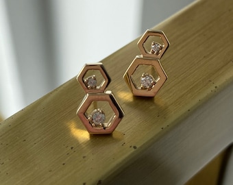 14K Gold Honeycomb Diamond Stud Earrings, Geometric Hexagon Design