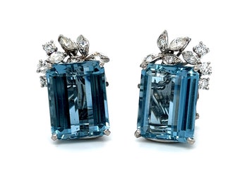 RESERVED - Fantastic Retro Vintage 14K White Gold Blue Topaz Earrings with Diamond Accents - 30.80ct.