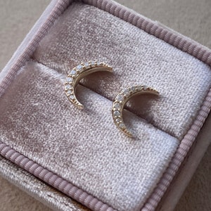 Crescent Moon Diamond Stud Earrings in Solid 14K Gold.