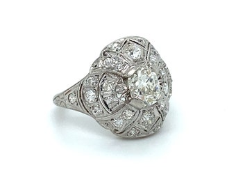 Anel vintage Art Déco em platina com conjunto de diamantes – Aliança de casamento de 1,94 ct