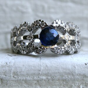 Unique Scalloped Vintage 18K White Gold Diamond and Natural Sapphire Engagement Ring - 1.96ct.