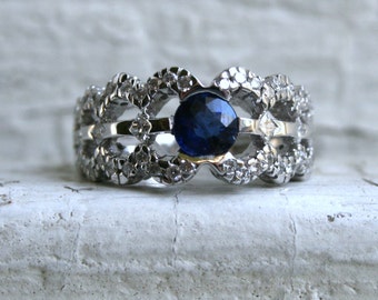 Unique Scalloped Vintage 18K White Gold Diamond and Natural Sapphire Engagement Ring - 1.96ct.