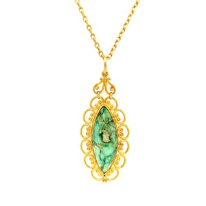 Vintage 18K Yellow Gold Turquoise Pendant and Long Chain.