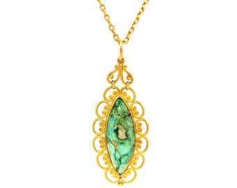 Vintage 18K geelgouden turquoise hanger en lange ketting.