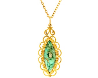 Vintage 18K Yellow Gold Turquoise Pendant and Long Chain.