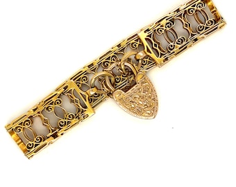 Antique Victorian 12K Yellow Gold Scroll Bracelet Heart Padlock Bracelet.