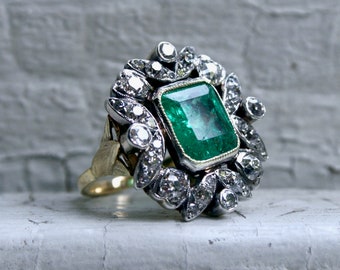 Viktorianischer 18K Gold Smaragd Diamant Ring - Antiker Heiligenschein Ring