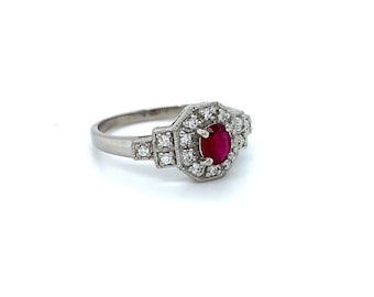 Lovely Art Deco Platinum Diamond and Ruby Ring Engagement Ring Wedding Ring- 0.82ct.