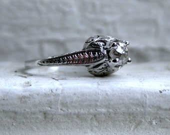 Ornate Antique Platinum Diamond Solitaire Engagement Ring - 0.75ct.