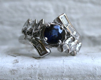 Pretty Vintage 14K White Gold Diamond and Sapphire Cluster Ring Engagement Ring - 1.90ct.