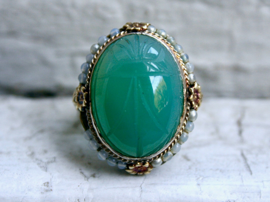 Antique 14K Yellow Gold Carved Green Chalcedony Ring Filigree ...