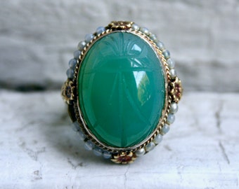 Antique 14K Yellow Gold Carved Green Chalcedony Ring Filigree Engagement Ring - 15ct.