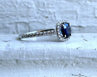 14K White Gold Pave Diamond and Sapphire Halo Ring - 1.60ct.