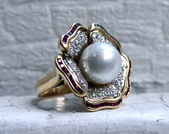 Gorgeous Vintage 18K Yellow Gold Diamond, Ruby, and South Sea Pearl Flower Cluster Ring.