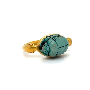 Antique Egyptian 22K Yellow Gold Scarab Faience Flip Ring with Snakes.