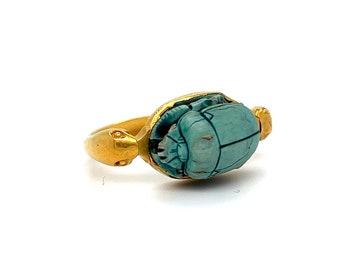 Antique Egyptian 22K Yellow Gold Scarab Faience Flip Ring with Snakes.