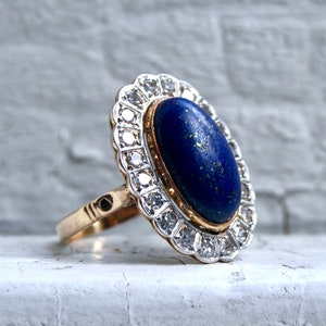 Vintage 18K Yellow Gold Diamond Halo Lapis Ring engagement Ring - 8.60ct.