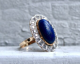 Vintage 18K Yellow Gold Diamond Halo Lapis Ring engagement Ring - 8.60ct.