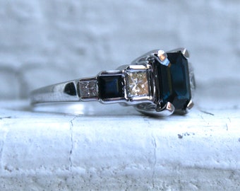 Vintage Seven Stone 14K White Gold Sapphire and Diamond Wedding Ring Engagement Ring - 2.30ct.