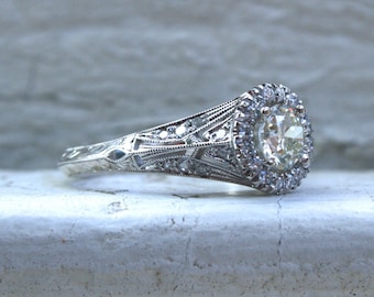 Vintage Inspired Diamond Halo Filigree Engagement Ring Wedding Ring in 14K White Gold.