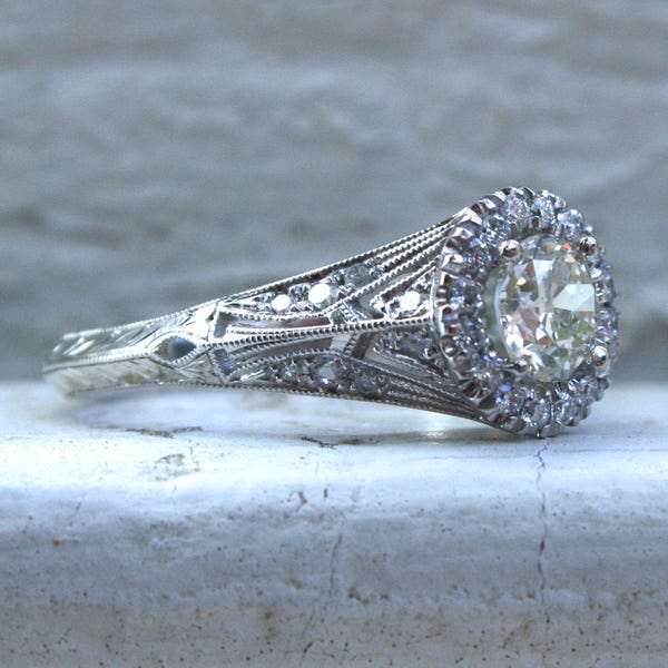 Vintage Inspired Diamond Halo Filigree Engagement Ring Wedding Ring in 14K White Gold.