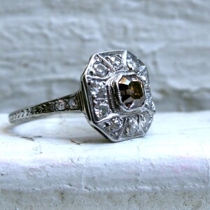 RESERVED - Antique Platinum Pave Diamond and Cognac Diamond Halo Ring - 1.79ct.