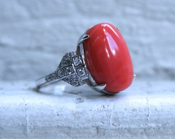 14K White Gold Coral and Diamond Buckle Ring Engagement Ring.